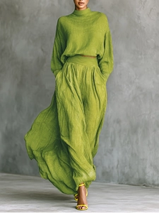 Tenue Femmes Style Français Vert Herbe Col Montant Manches Longues Haut Plissé Et Jupe Élégant Tricot Ample
