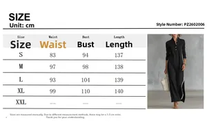 Detailed size chart and model view of a long white piped button-collar sweatshirt dress