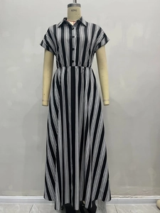 Short-sleeved black and white vertical striped shirt maxi dress with collared button-down front
