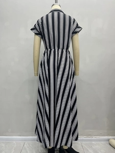 Short sleeve striped maxi shirt dress with lapel collar and A-line silhouette