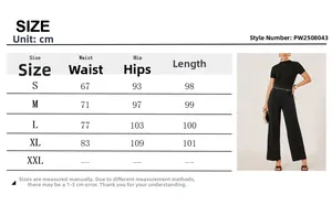 Size chart for black high-waisted trousers with waist measurements and fit guide