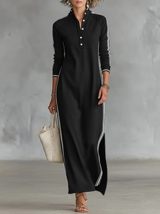 Women Casual Sporty Long Sleeve Maxi Dress Polo Collar White Side Stripes Buttons Slit Black Viscose Blend Dress