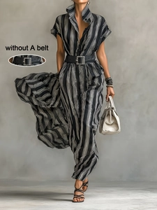 Women Elegant Vertical Striped Shirt Dress Lapel Short Sleeve Maxi Dress High Waist Big Hem Commuter Long Dress