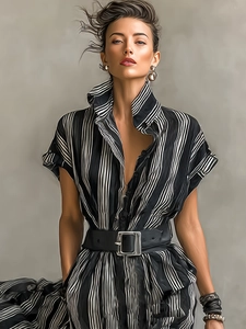 Detailed view of striped dress featuring a stand collar and elegant black waist belt