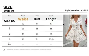 Größentabelle für Sommerkleid mit Maßen für Taille, Brustumfang und Länge