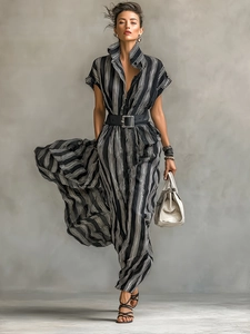 Elegant black and white striped short sleeve midi dress with black waist belt