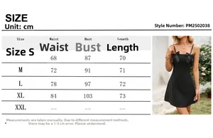 Tableau des tailles pour robe courte noire à nœuds, dimensions S à XXL détaillées en cm