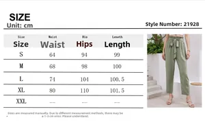Size chart for women's high waisted ruffle pants with detailed cm measurements