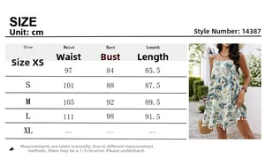 Size chart with measurements in cm for the Bohemian tropical print tassel mini dress