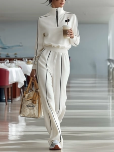 Ensemble Top And Bottom Élégant pour Femme en Maille Côtelée Col Montant Demi-Fermeture Éclair et Pantalon Large