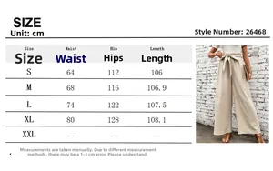 Size chart for women's high waist wide leg trousers with waist measurements in centimeters