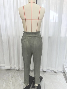 Women's high waist pleated straight trousers in olive green with elastic belted waistline
