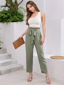 Women High Waisted Pleated Pants With Tie Belt Ruffle Waist Casual Wide Leg Long Trousers Sage Green Fashion Bottoms