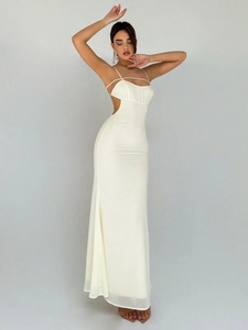Sexy Hollow Out Spaghetti Strap Backless Maxi Dress Elegant Double Layer Evening Gown For Women Party Banquet Socialite Style