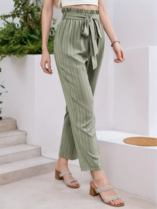 Olive green plissé wide leg trousers with high waist paperbag style and tie belt