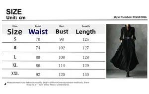 Detailed size chart for the black textured pleated shirt dress with waist belt