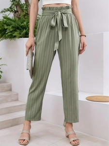 Olive green high waist plisse trousers with paperbag waist and matching tie belt