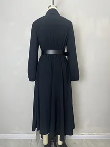 French style black long sleeve midi dress with belt and elegant pleated back details