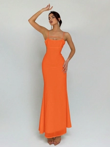 Elegant bright orange cutout bodycon midi dress with dual spaghetti straps and side slits