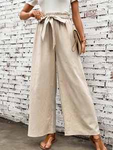 Women High Waist Paperbag Wide Leg Pants With Tie Bow Belt Linen Look Viscose Trousers Casual Loose Summer Long Pants