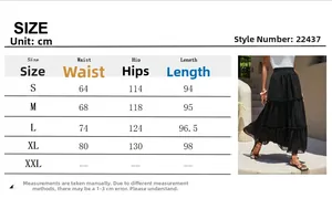 Size chart for black tiered lace maxi skirt with waist and length specs in centimeters