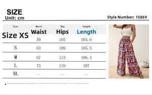 Size chart detail for high-waisted printed wide-leg beach pants showing XS to L measurements
