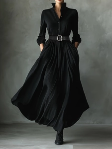 Elegant French Style Black Pleated Maxi Dress With Waist Belt Turn-down Collar Long Sleeve Commuting Shirt Dress For Women