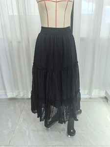 French style black tiered lace midi skirt with high waist design and layered ruffle detail