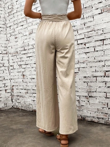 High waist beige wide leg cotton pants for women with adjustable belted waist back view