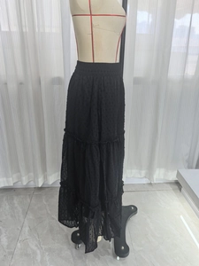 French lace tiered maxi skirt with Swiss dot texture and slimming high elastic waist