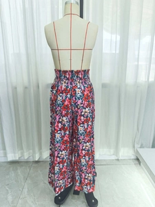 Women's high waist floral wide leg trousers with comfortable elastic smocked waistline