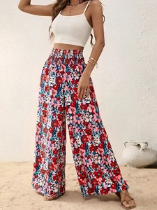 Women High Waist Smocked Floral Print Wide Leg Pants Casual Boho Beach Trousers Summer Loose Lightweight Palazzo Pants