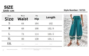 Tabella taglie per pantaloni larghi etnici con misure dettagliate in centimetri