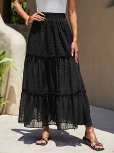 French style black tiered maxi skirt with polka dot pattern and elastic high waist