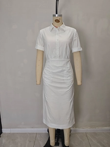Elegant white short-sleeved shirt dress with waist pleats and button-down collar
