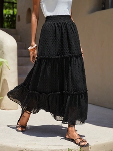 French Elegant Black Swiss Dot Tiered Long Skirt Women High Waist A-Line Cake Maxi Skirt Casual Vacation Summer Skirt