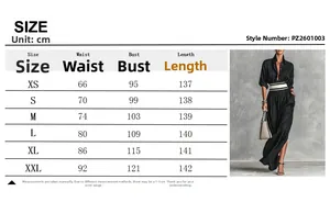 Detailed size chart for the black high-slit maxi dress with measurements in centimeters