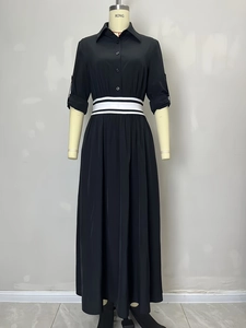 French vintage black long shirt dress with lapel collar and striped waist belt