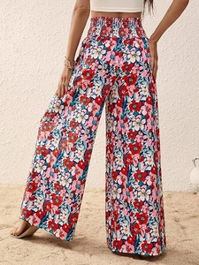 High waist wide-leg floral beach trousers with colorful patterns and smocked elastic waist