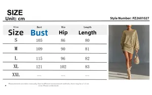 Size chart showing measurements for the golden sequin lantern sleeve party mini dress