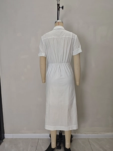 Elegant white short sleeve shirt dress with elastic waist and back pleated details