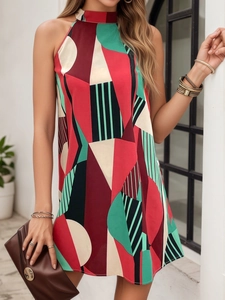 Robe Courte Élégante pour Femmes Dos Nu Sans Manches Imprimé Géométrique Abstrait Coloré Été Coupe Trapèze Avec Lien à Nouer