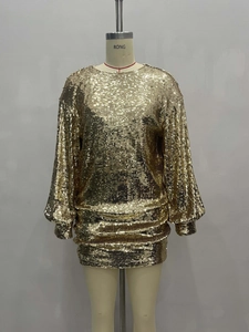 Sparkling gold sequin mini dress with lantern sleeves and a slim fit for party wear