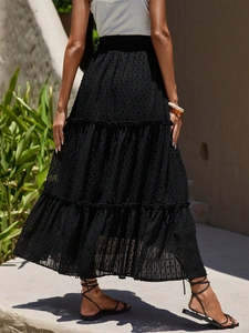 French style high waist black Swiss dot tiered A-line maxi skirt for summer fashion