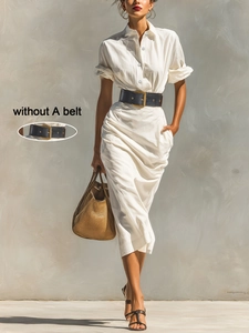 Women Elegant Solid Color Pleated Waist Shirt Dress Short Sleeve Button Down Office Professional Maxi Dress Without Belt