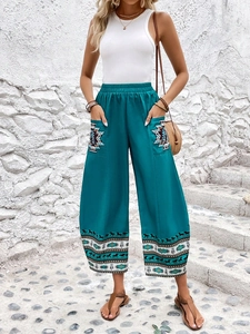 Pantaloni a Gamba Larga da Donna Stampa Etnica Boho Vita Elastica Teal Pantaloni Casual Larghi Con Tasche Per Vacanza Mare
