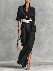 French Vintage Lapel Single Breasted Maxi Dress With Striped Belt High Slit Long Sleeve Elegant Solid Party Dress For Women