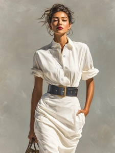 Detail of white shirt dress featuring a black leather waist belt with a gold buckle