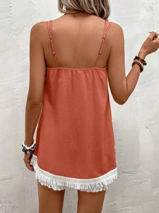 Bohemian brick red camisole set with white tassel fringe trim for beach vacation style