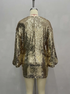 Golden sequin mini dress featuring long lantern sleeves and back zipper closure for party wear